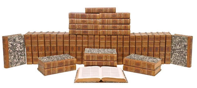 (43) FRENCH LEATHER-BOUND LIBRARY SHELF BOOKS, UNIVERSAL BIOGRAPHY