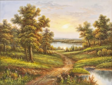 SIGNED OIL PAINTING, LAKESIDE FOREST LANDSCAPE, 36" X 48"