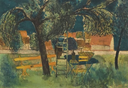 FRAMED & SIGNED LITHOGRAPH, PARK LANDSCAPE WITH PICNIC