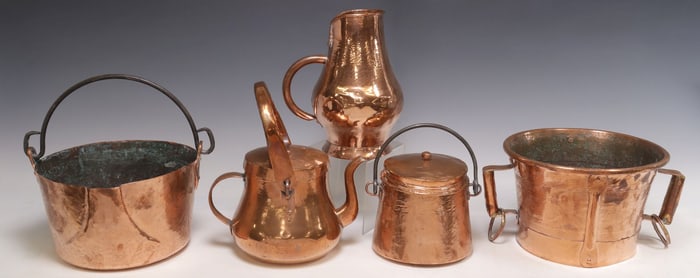 (5) FRENCH COPPER KITCHENWARE, LARGE KETTLE, PITCHER & POTS