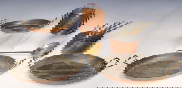 (10) COPPER & BRASS GRADUATED PANS, LADLE, & COVERED CAULDRON