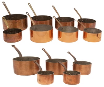(13) FRENCH GRADUATED COPPER SAUCEPANS, THREE SETS