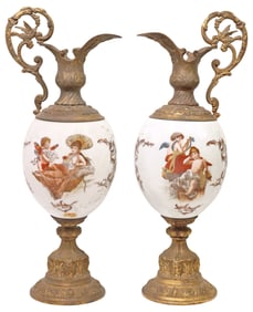 (2) VICTORIAN C.F. MONROE (ATTRIB.) WAVECREST OPAL GLASS & METAL EWERS