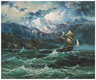 LARGE OIL PAINTING, SAILING SHIP IN ROUGH SEAS, 30" X 36"