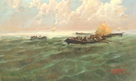 ANTONIO GRAVINA (ITALY, 1934-2011) PAINTING, FISHERMEN AT SEA