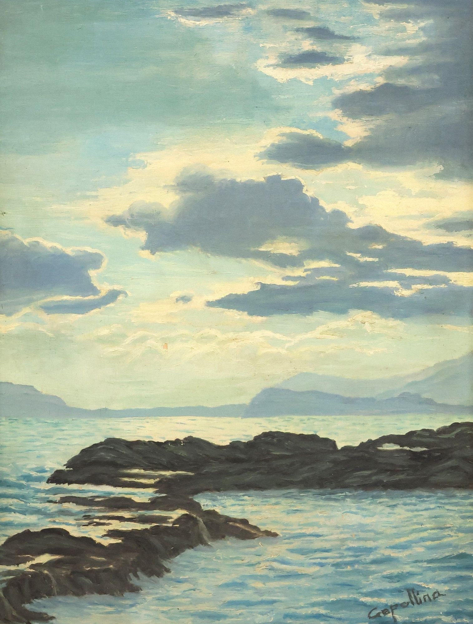 SIGNED ITALIAN SCHOOL PAINTING, ROCKY SHORELINE SEASCAPE (1 of 4)