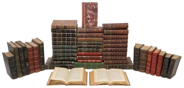 (48) FRENCH LEATHER-BOUND LIBRARY SHELF BOOKS, HISTORY & RELIGION