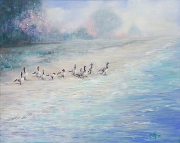 SIGNED C. HIBBS PAINTING, SHOREBIRDS, 24" X 30"