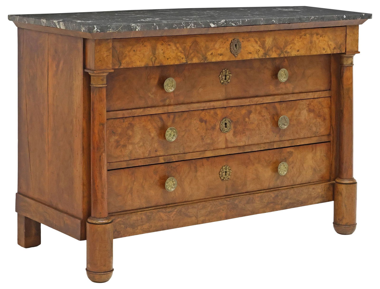 FRENCH EMPIRE STYLE MARBLE-TOP BURLED WALNUT COMMODE (1 of 5)