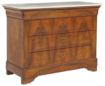 FRENCH LOUIS PHILIPPE MARBLE-TOP FIGURED WALNUT COMMODE