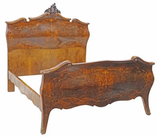 ITALIAN LOUIS XV STYLE MARQUETRY & WALNUT BOMBE BED