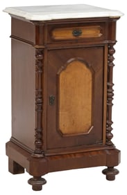 ITALIAN MARBLE-TOP MAHOGANY & BURLWOOD NIGHTSTAND