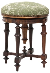 FRENCH CARVED WALNUT UPHOLSTERED PIANO STOOL