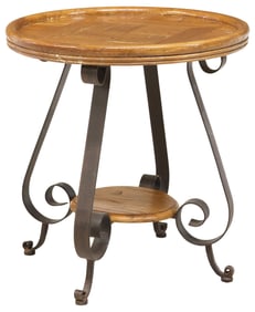 CIRCULAR OAK PARQUETRY TOP & WROUGHT IRON OCCASIONAL TABLE