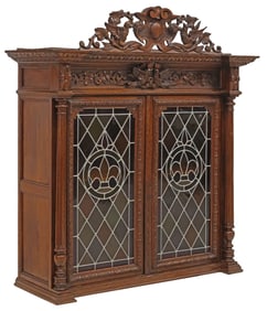 FRENCH HENRI II STYLE CARVED OAK & STAINED GLASS CABINET