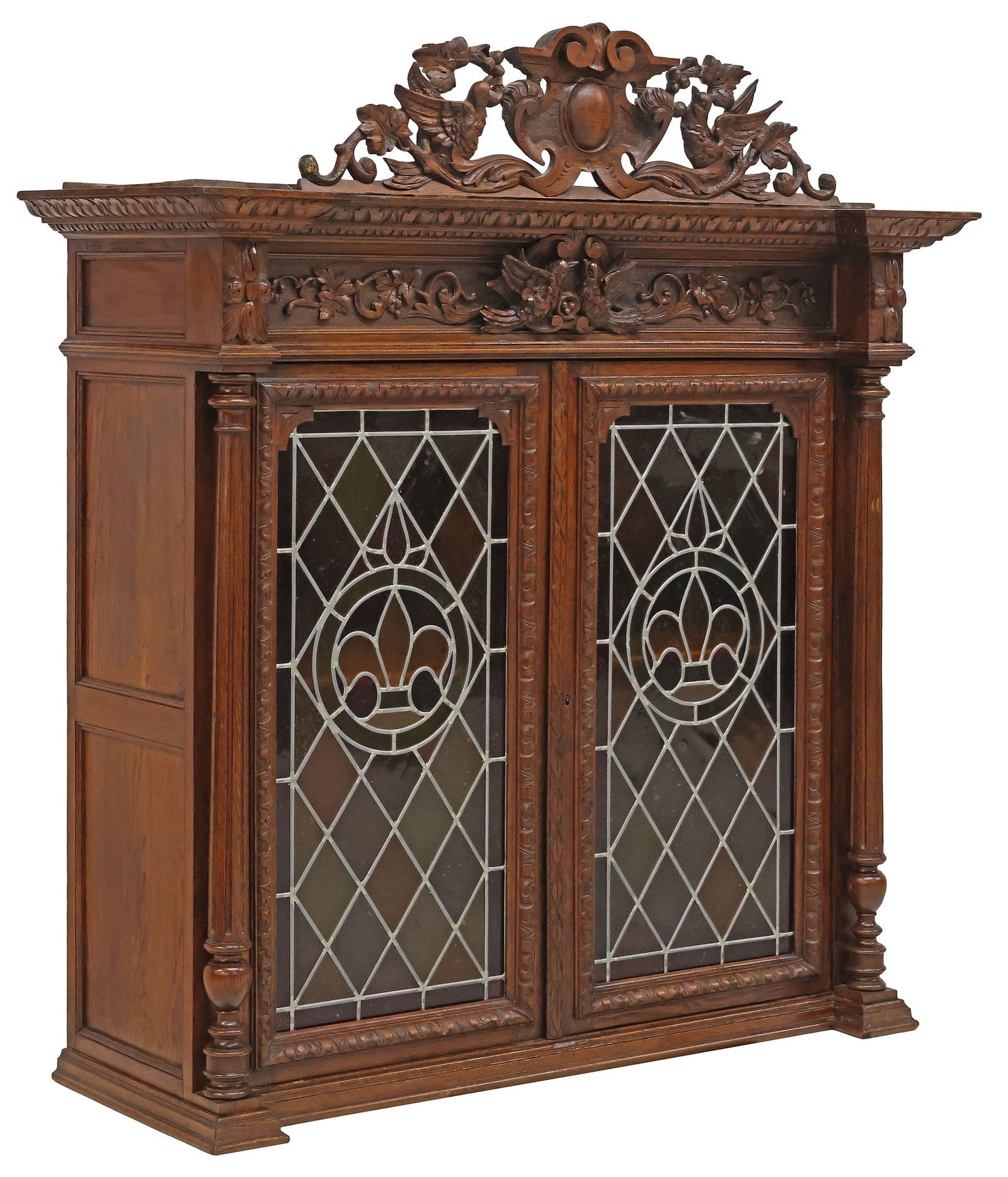 FRENCH HENRI II STYLE CARVED OAK & STAINED GLASS CABINET (1 of 5)