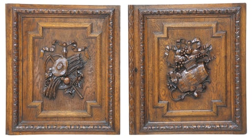 (2) FRENCH ARCHITECTURAL CARVED OAK HARVEST MOTIF CABINET DOORS
