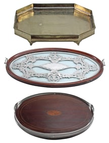 (3) ENGLISH SERVICE TRAYS, VARIED DESIGNS, (1) WITH PATERA INLAY