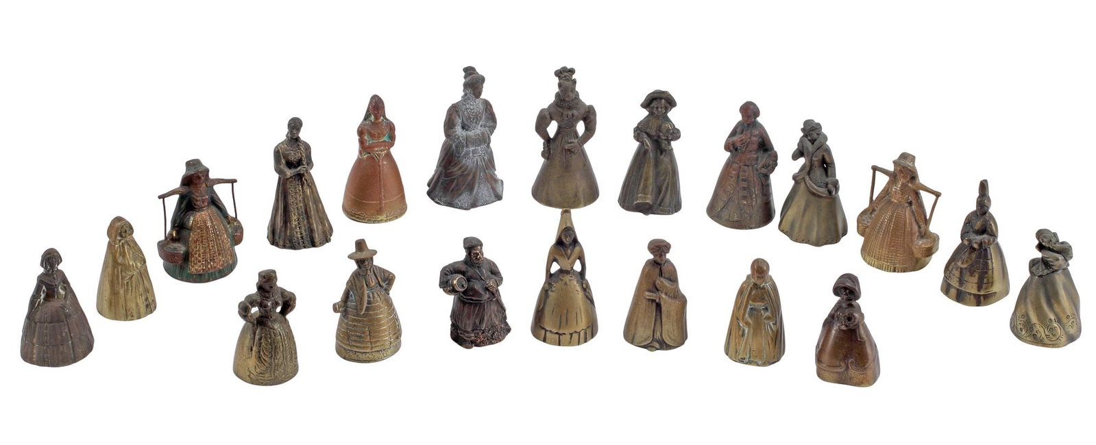 (20) COLLECTION OF CAST METAL FIGURAL BELLS: (lot of 20) Collection of cast metal figural bells, including women in various historical styles of dress and pastoral workers, largest: approx 4"h, 2"diam, 9.5lbs total