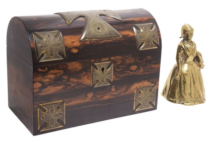 (2) ENGLISH BRASS-MOUNTED COROMANDEL LETTER BOX & FIGURAL BRASS BELL