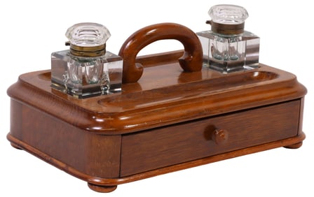 ENGLISH EDWARDIAN OAK INKSTAND & GLASS INKWELLS