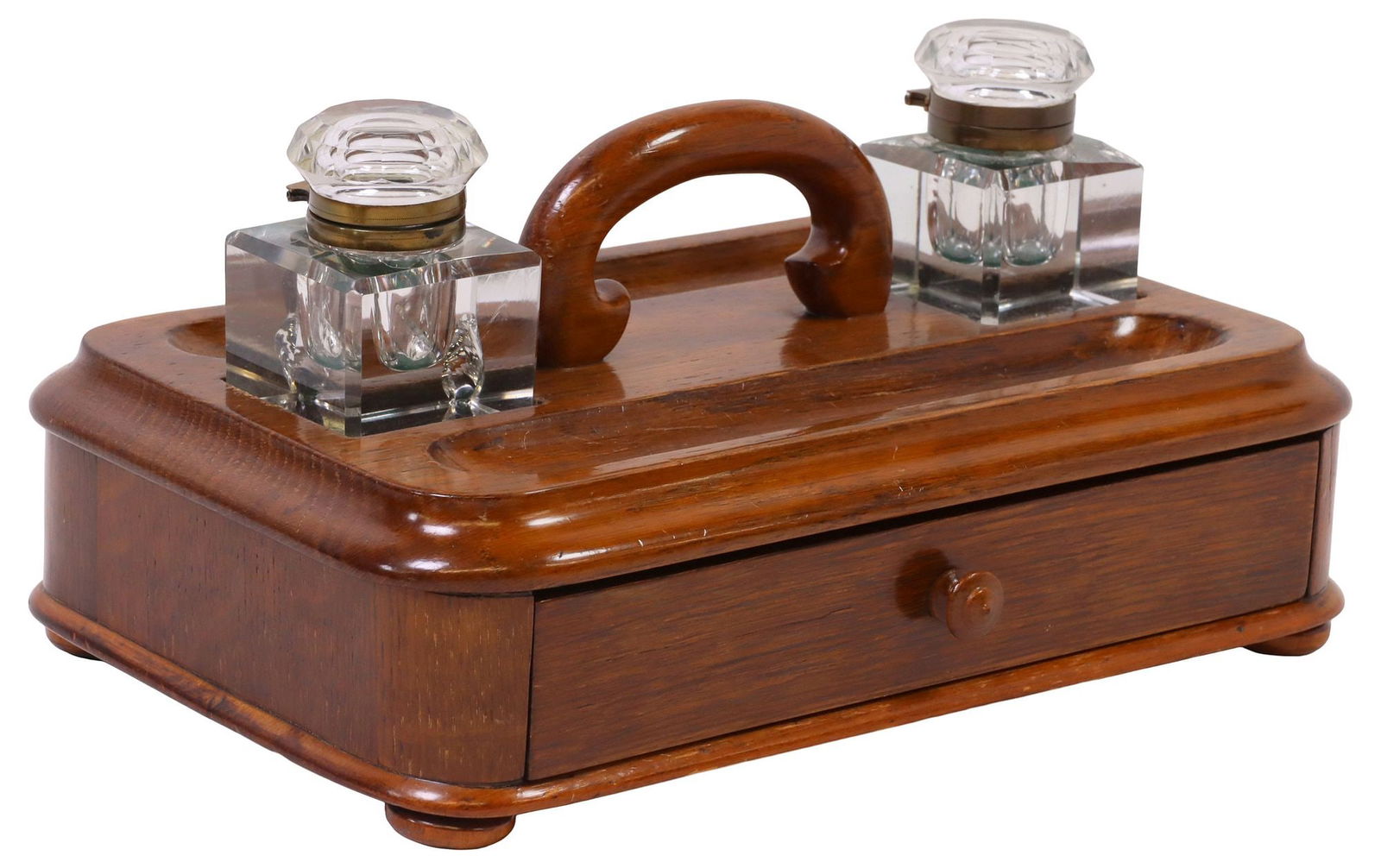 ENGLISH EDWARDIAN OAK INKSTAND & GLASS INKWELLS (1 of 5)