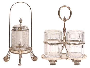 (2) AMERICAN VICTORIAN SILVERPLATE & CRYSTAL PICKLE CASTORS