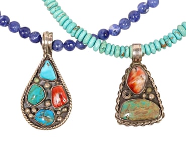 (2) SOUTHWEST STERLING SILVER & GEMSTONE BEADED PENDANT NECKLACES