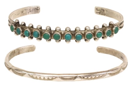(2) NATIVE AMERICAN STERLING SILVER TURQUOISE & STAMPWORK CUFFS