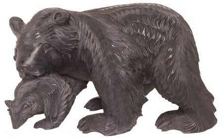 JAPANESE HOKKAIDO AINU STYLE CARVED WOOD SCULPTURE, BEAR & CUB