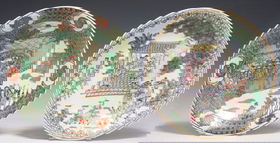 (2) CHINESE FAMILLE ROSE & FAMILLE VERTE ENAMELED PORCELAIN CHARGERS