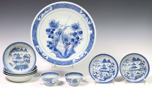 (9) CHINESE CANTON EXPORT BLUE & WHITE PORCELAIN TABLEWARE