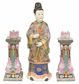 (3) CHINESE PORCELAIN FIGURE & FAMILLE ROSE CANDLESTICKS