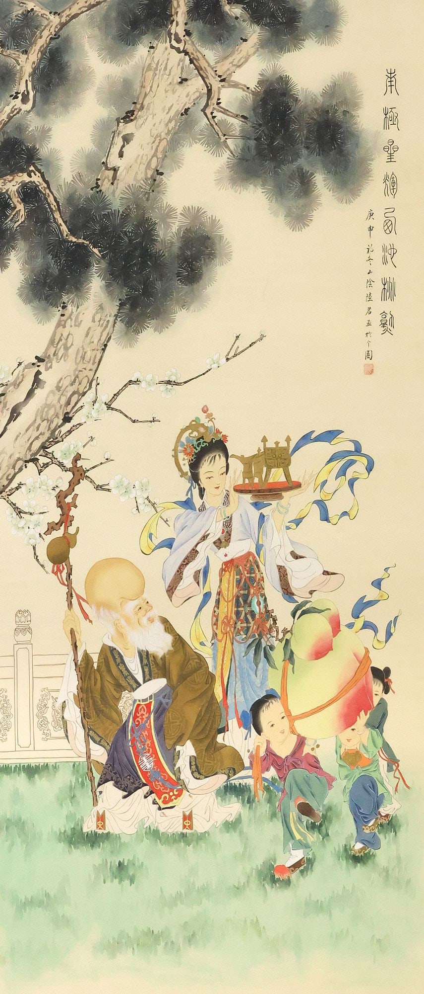 FRAMED CHINESE INK & WATERCOLOR PAINTING ON SILK, SHOU & ATTENDANTS: Chinese ink and watercolor painting on silk, depicting the god of longevity, Shou-Lao, and a court lady holding a tray with Jue ritual vessels, and children with a giant peach, under the laurels of pi