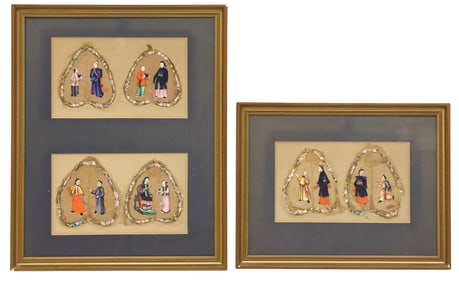 (2) CHINESE FIGURAL GOUACHE PAINTINGS ON BODHI TREE PEEPAL LEAVES