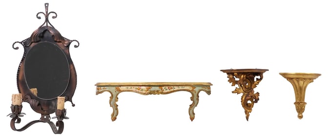 (4) ITALIAN WALL BRACKETS & IRON MIRRORED WALL SCONCE