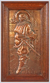 FRAMED COPPER-GLAZED TILE PANEL RELIEF PLAQUE CAVALIER