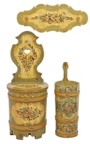 (3) PAINT-DECORATED KUBBESTOL-STYLE SEAT, BUCKET & HALL TREE