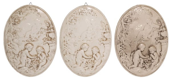 (3) ITALIAN WHITE-GLAZED CERAMIC CLASSICAL RELIEF PLAQUES