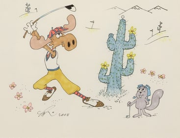 GERALD BALDWIN (D.2018) HAND-COLORED ANIMATION SKETCH, ROCKY & BULLWINKLE