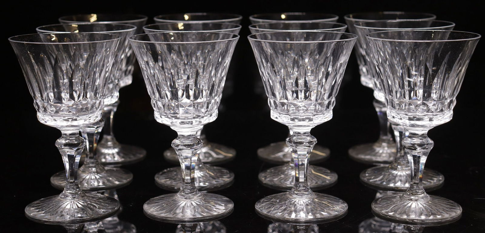 (12) BACCARAT 'PICCADILLY' CUT CRYSTAL SHERRY GLASSES: (lot of 12) French cut crystal sherry stems, Baccarat, in the "Piccadilly" pattern, cut bowl with pointed spires, faceted stem, acid-etched maker's mark underfoot, approx 4 5/8"h, 2 7/8"diam, 3.75lbs