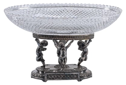 PAIRPOINT CUT CRYSTAL & SILVERPLATE FIGURAL PUTTI COMPOTE