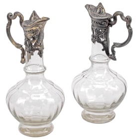(2) FRENCH SILVERPLATE METAL-MOUNTED GLASS CLARET JUGS