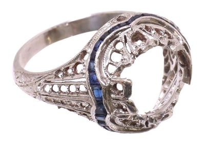ESTATE ART DECO PLATINUM & LAB SAPPHIRE FILIGREE RING SETTING ONLY