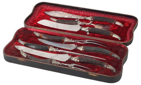 UNUSUAL ENGLISH VICTORIAN STAG-HANDLED MEAT CARVING & FISH SET