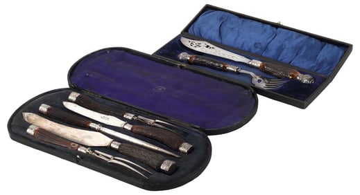 (2) ENGLISH STAG-HANDLED SILVERPLATE MEAT CARVING & FISH SETS