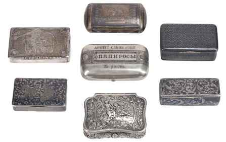 (7) RUSSIAN NEILLO & CONTINENTAL SILVER SNUFF & TABLE BOXES, 19THC.