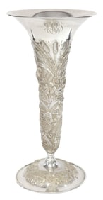 S. KIRK & SON CO. STERLING  'REPOUSSE' FLORAL & FERN TRUMPT VASE