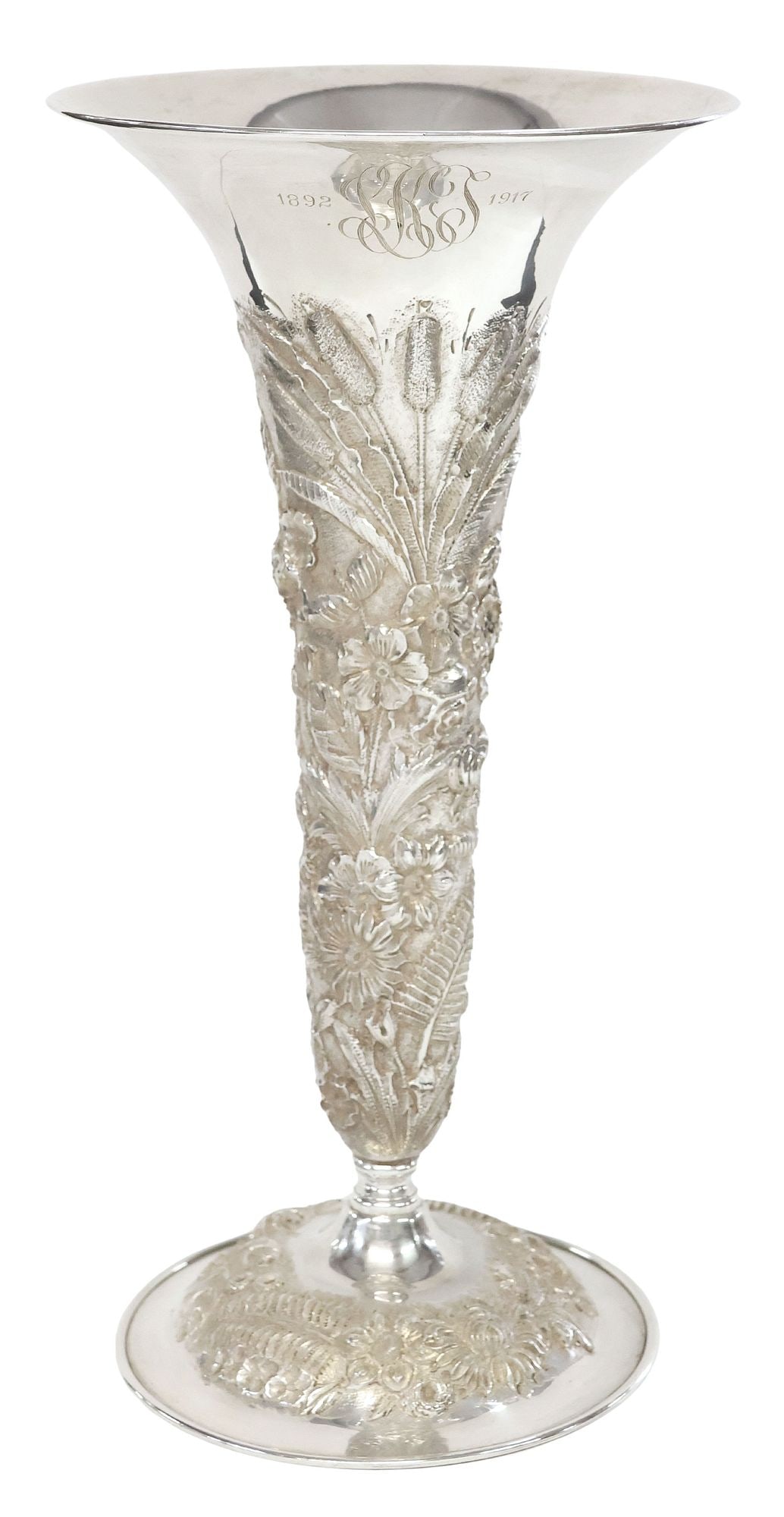 S. KIRK & SON CO. STERLING  'REPOUSSE' FLORAL & FERN TRUMPT VASE (1 of 6)