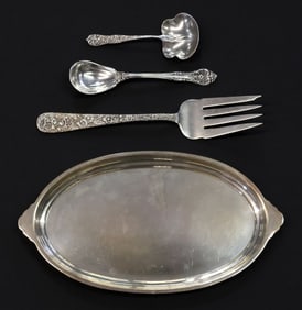 (4) STERLING SILVER FLATWARE & TRAY, S. KIRK & SON, GORHAM & OTHER